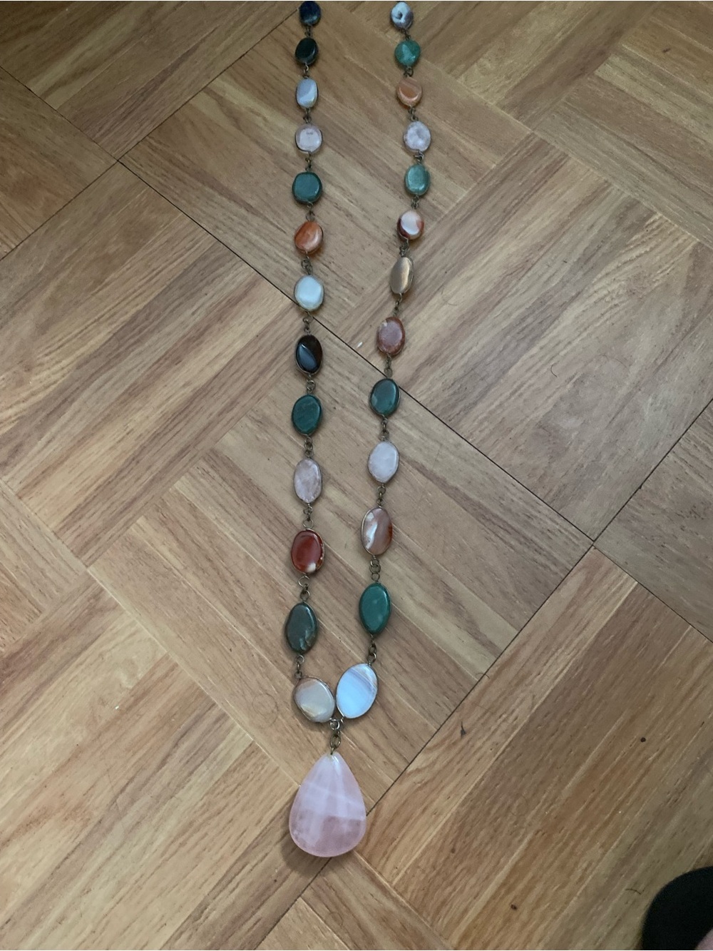 Gemstone Pink Quartz AmberJade Teardrop Pendant Necklace